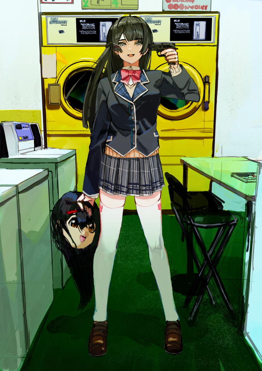 absurdres animegao black_hair black_jacket black_skirt blazer bow breasts commentary cosplay female grey_eyes gun gun_to_head handgun highres holding holding_gun holding_mask holding_weapon itou_(golem_inc) jacket kigurumi laundromat mask medium_breasts nazono_mito nijisanji pink_bow skirt solo thighhighs top-load_washing_machine tsukino_mito tsukino_mito_(1st_costume) unworn_mask virtual_youtuber washing_machine weapon