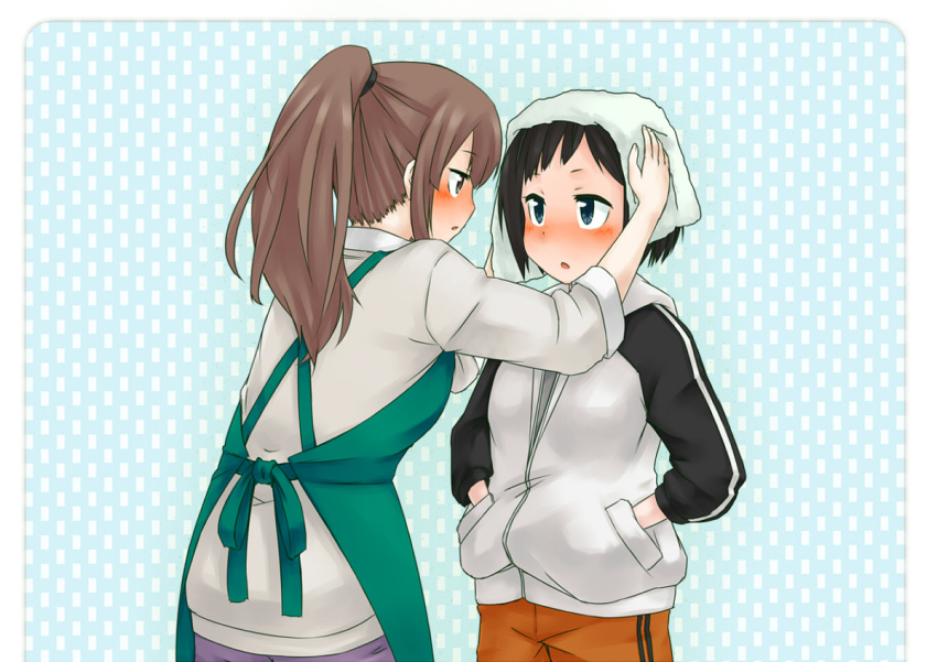 2girls apron black_hair blush brown_hair couple eye_contact hands_in_pockets height_difference komano_hina long_hair looking_at_another monoka_(hare_tokidoki_yuki) multiple_girls okujou_no_yurirei-san short_hair simple_background toomi_yuna towel track_suit white_background yuri