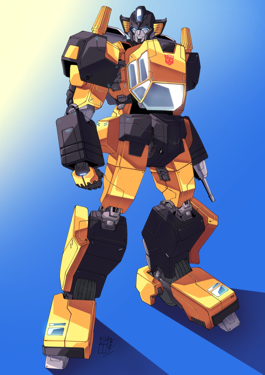 1boy absurdres arm_cannon autobot blue_background blue_eyes commentary english_commentary highres lextodrawstuff mecha no_humans robot shadow smile solo standing sunstreaker transformers weapon