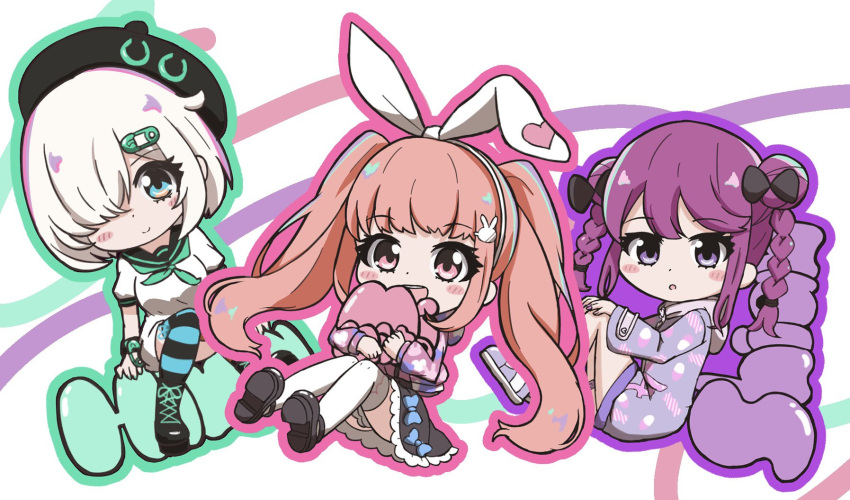 040uma 3girls animal_ears beret black_skirt blue_eyes blush bow bracelet braid character_name chibi closed_mouth denonbu double_bun dress hair_bun hair_ornament hairbow hairpin hat highres hood hoodie hugging_object inubousaki_shian jewelry long_hair long_sleeves looking_at_viewer minakami_hina multiple_girls open_mouth pink_eyes pink_hair pink_hoodie protected_link purple_eyes purple_hair purple_hoodie rabbit_ears safety_pin sakurano_mimito sitting skirt smile striped_clothes striped_thighhighs thighhighs twin_braids twintails very_long_hair white_hair