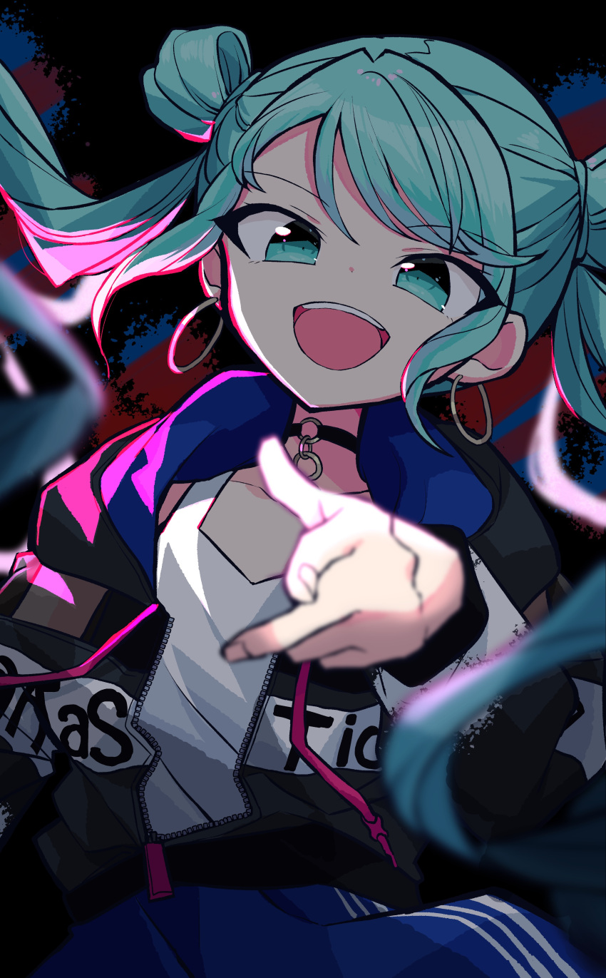 absurdres aqua_eyes aqua_hair black_jacket blue_pants choker commentary earrings female foreshortening hair_rings hatsune_miku highres jacket jewelry kasaki_sakura long_hair o-ring o-ring_choker open_mouth pants pointing pointing_at_viewer project_sekai rad_dogs_(vocaloid) shirt smile solo tank_top track_jacket twintails upper_body very_long_hair vivid_bad_squad_(project_sekai) vivid_bad_squad_miku vocaloid white_shirt