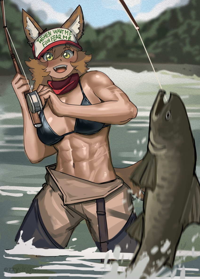 abs absurdres animal_ears bikini brown_hair ezzydraws fangs female fish fishing fishing_rod hat highres lake meme multiple_scars muscular muscular_female original outdoors salmon_(fish) scar solo swimsuit tail tan toned water women_want_me_fish_fear_me_(meme) yellow_eyes