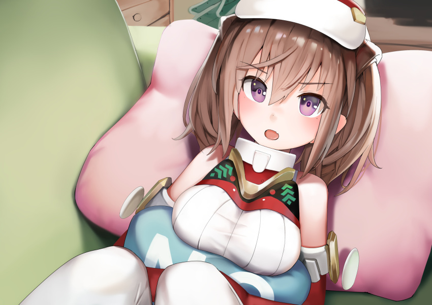 alice_gear_aegis bare_shoulders blush breasts brown_hair commentary_request female hat highres kimikage_yui large_breasts looking_at_viewer lying medium_hair no on_back open_mouth pantyhose pillow purple_eyes solo sunga2usagi white_hat white_pantyhose yes-no_pillow