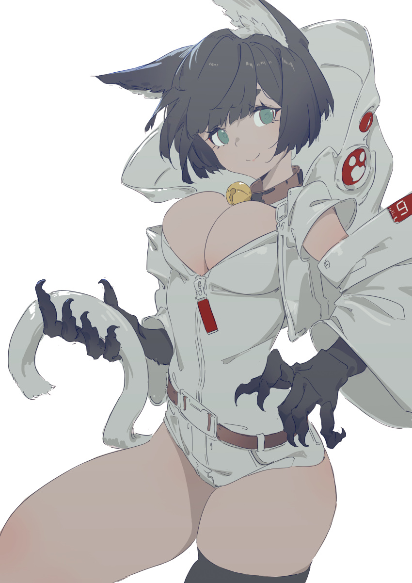 absurdres animal_ears bad_id bad_pixiv_id bell black_gloves black_hair bob_cut breasts brown_collar cat_ears cat_girl cat_tail cleavage closed_mouth collar female gloves green_eyes highres hood hooded_jacket huang_(volt0526) jacket jingle_bell looking_at_viewer medium_breasts neck_bell original short_hair short_shorts shorts simple_background smile tail thighs white_background white_jacket white_shorts zipper