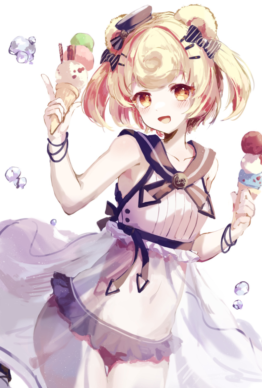 :d animal_ears arknights bare_shoulders bear_ears bear_girl bikini blonde_hair blue_bow blue_hat bow bracelet bubble collarbone commentary cowboy_shot female food gummy_(arknights) gummy_(summer_flowers)_(arknights) hair_ornament hairbow hairclip hands_up hat highres holding holding_food holding_ice_cream ice_cream ice_cream_cone jewelry mini_hat official_alternate_costume open_mouth short_hair short_twintails simple_background smile solo striped striped_bow suzuiro_(chocolatte) swimsuit triple_scoop twintails white_background yellow_eyes