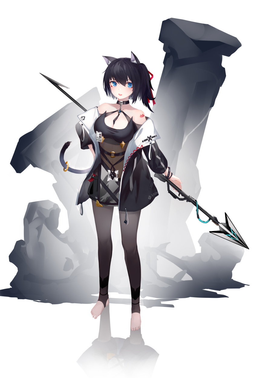 .l.l :d absurdres animal_ear_fluff animal_ears bare_shoulders black_hair black_jacket black_pantyhose black_shorts breasts cat_ears cat_girl cat_tail cleavage cleavage_cutout clothing_cutout collarbone commentary_request eyebrows_hidden_by_hair female full_body hair_between_eyes hair_ribbon hand_on_own_hip highres holding holding_polearm holding_weapon jacket long_sleeves medium_breasts no_shoes off_shoulder one_side_up open_mouth original pantyhose polearm puffy_long_sleeves puffy_sleeves red_ribbon reflection revision ribbon short_shorts shorts smile solo spear standing stirrup_legwear tail teeth toeless_legwear upper_teeth_only v-shaped_eyebrows weapon white_background