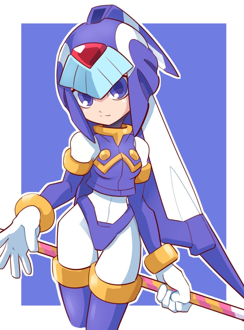 android bad_id bad_twitter_id blue_background blue_eyes breasts commentary cowboy_shot crop_top facing_viewer fairy_leviathan_(mega_man) female gloves helmet highres holding light_smile mega_man_(series) mega_man_zero_(series) omeehayo simple_background small_breasts solo weapon white_gloves