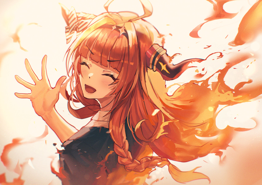 absurdres ahoge bow braid closed_eyes dragon_horns female fiery_hair fire hairband highres hololive horn_bow horn_ornament horns kiryu_coco kiryu_coco_(1st_costume) long_hair mazel_(mazel_star) orange_hair smile virtual_youtuber waving