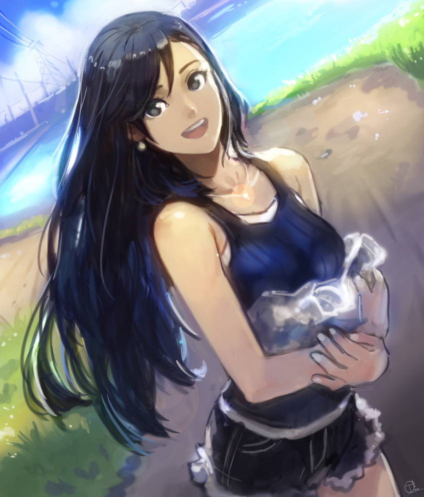 black_eyes black_hair commentary cutoffs day dutch_angle earrings female highres jewelry long_hair looking_at_viewer okuto open_mouth original outdoors photoshop_(medium) power_lines shorts signature solo tank_top