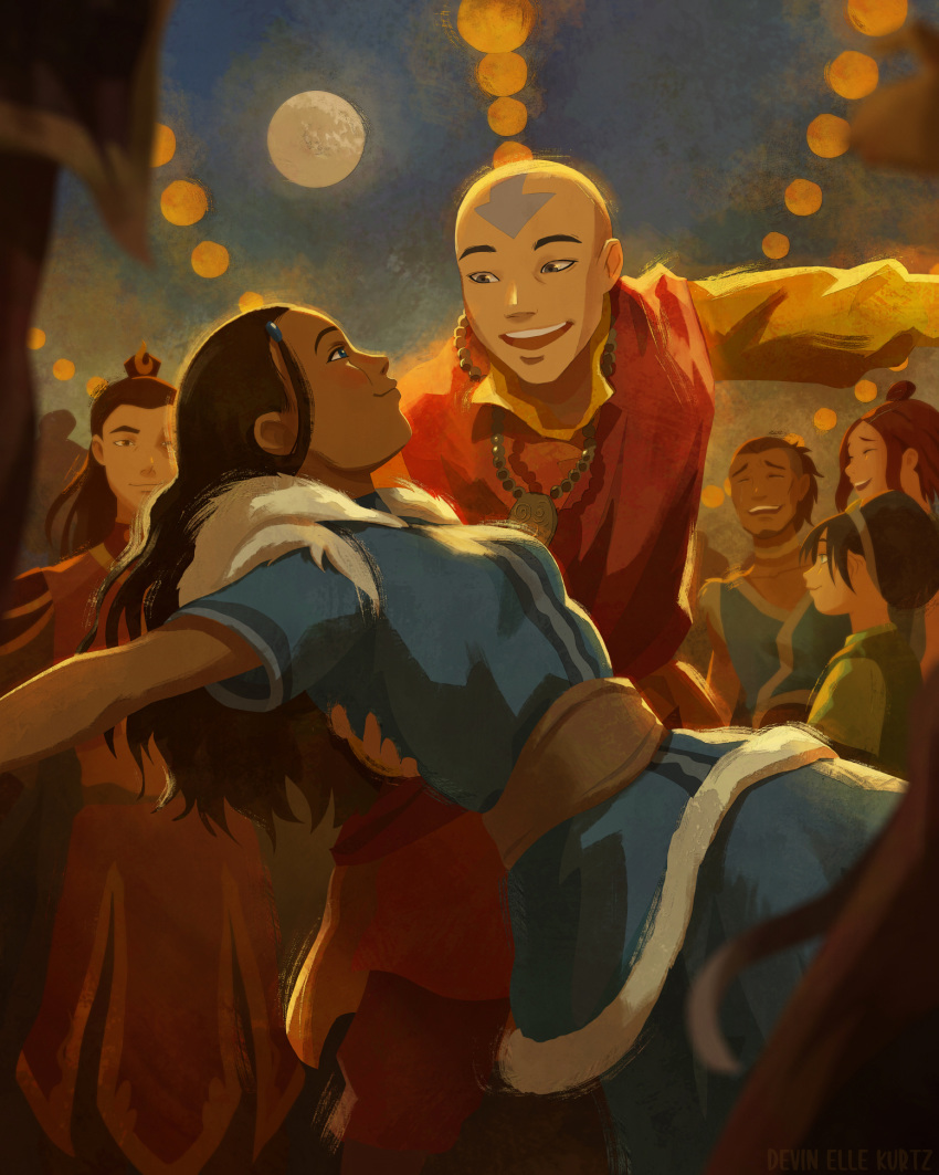 3boys 3girls aang aged_up artist_name avatar:_the_last_airbender avatar_legends bald blush brother_and_sister brown_hair burn_scar commentary couple crowd dancing dark-skinned_female dark-skinned_male dark_skin devin_elle_kurtz english_commentary facial_hair full_moon hair_bun highres husband_and_wife katara laughing moon multiple_boys multiple_girls night photoshop_(medium) scar siblings single_hair_bun smile sokka straight suki_(avatar) tattoo teeth toph_bei_fong upper_teeth_only zuko