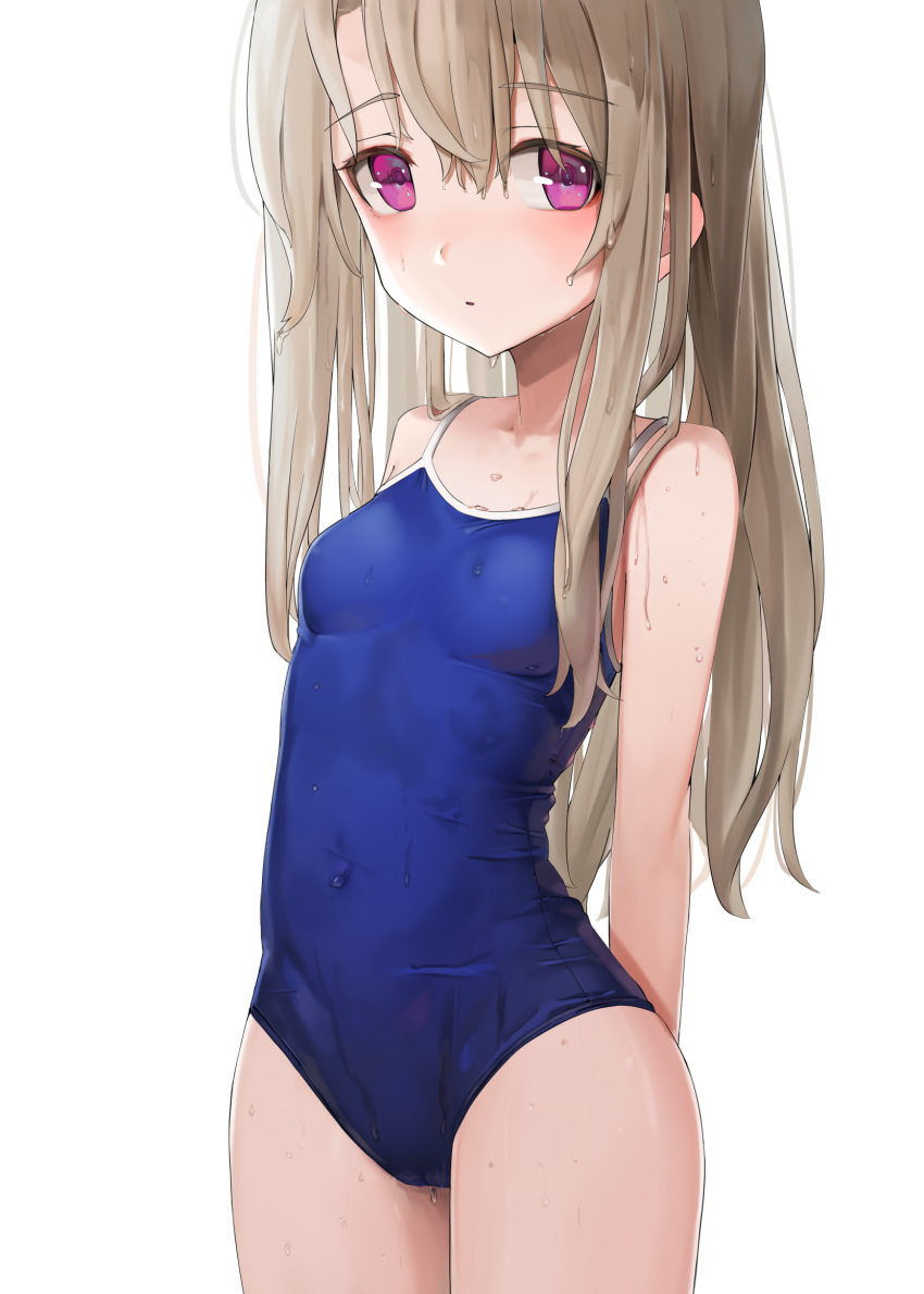 bare_shoulders blue_one-piece_swimsuit blush breasts collarbone commentary_request competition_school_swimsuit fate/kaleid_liner_prisma_illya fate_(series) female highres illyasviel_von_einzbern long_hair looking_at_viewer one-piece_swimsuit red_eyes school_swimsuit simple_background small_breasts solo sunga2usagi swimsuit wet wet_clothes wet_hair white_background