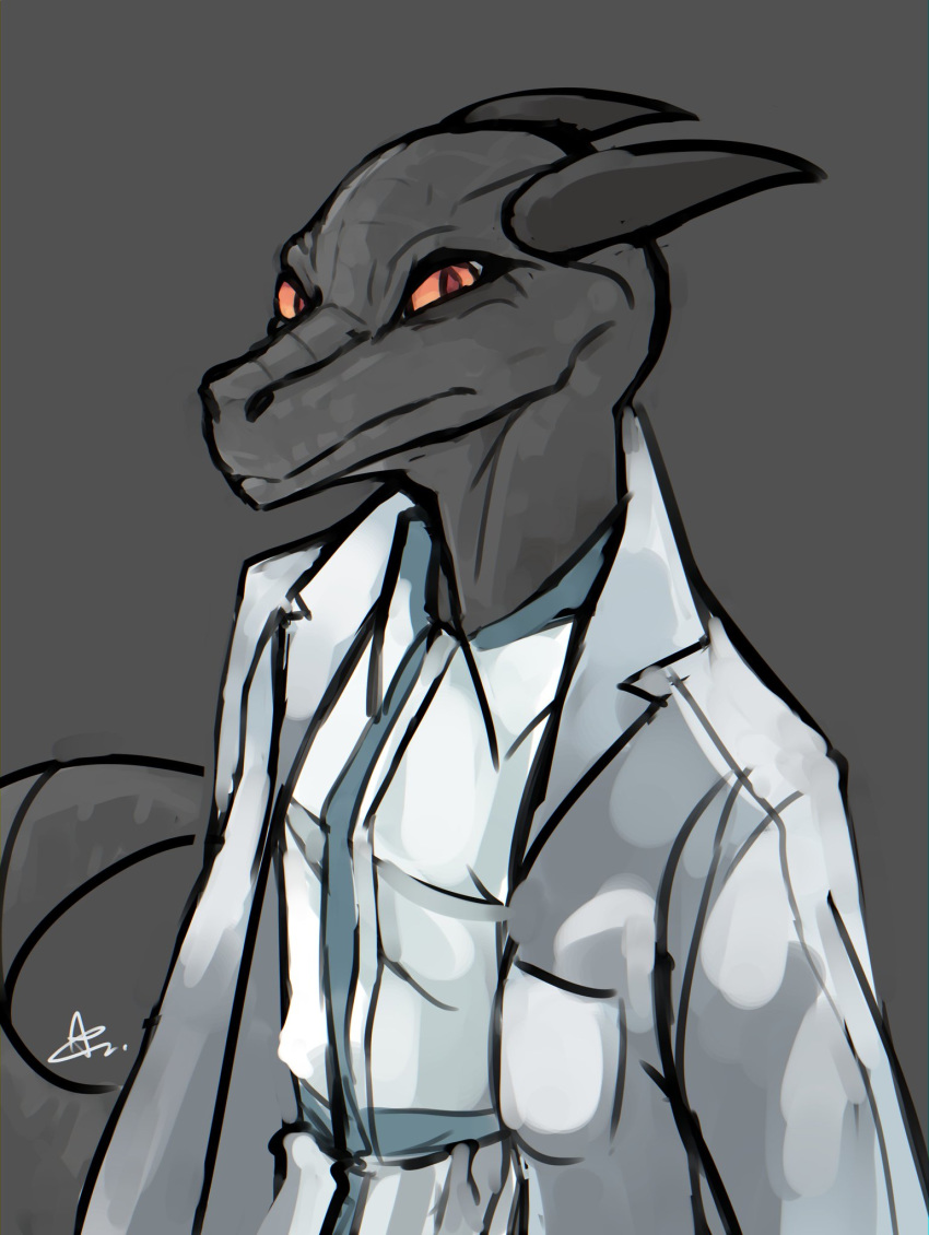 anthro clothing coat grey_background grey_body grey_skin hi_res horn lab_coat lizard lizard_tail looking_at_viewer male orange_eyes reptile scales scalie signature simple_background skashp_i'lesk solo space_station_13 topwear unathi viledice