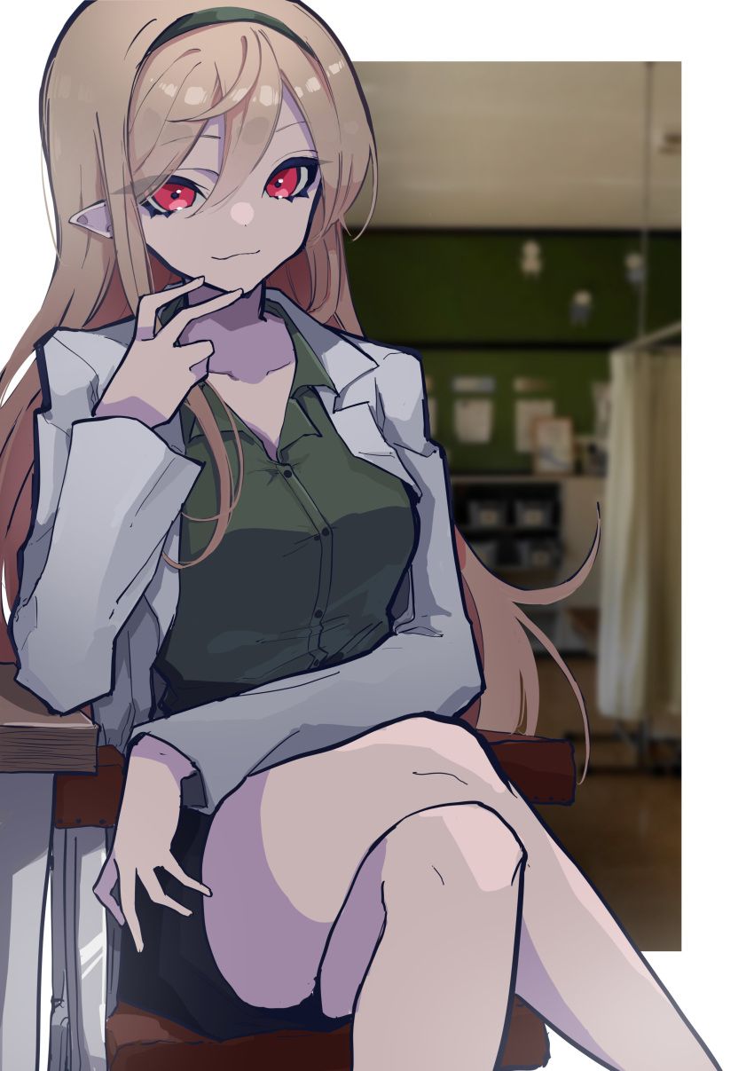 absurdres alternate_costume black_skirt blonde_hair collarbone collared_shirt crossed_legs female green_hairband green_shirt hair_behind_ear hairband highres lab_coat long_hair mentally_deficient nijisanji nijisanji_en pointy_ears pomu_rainpuff red_eyes shirt sitting skirt smile solo virtual_youtuber