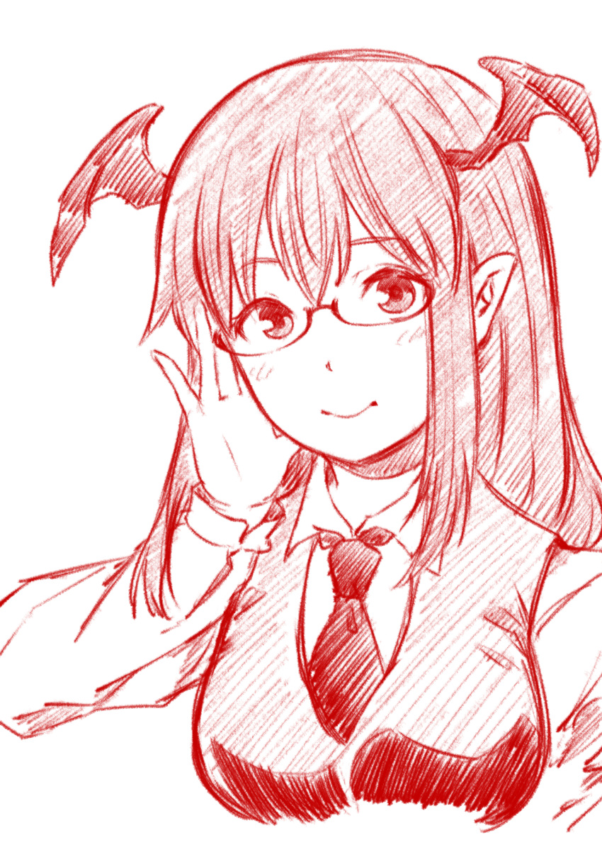 adjusting_eyewear bad_id bad_pixiv_id bespectacled blush breasts closed_mouth cropped_torso female glasses hand_up head_wings highres koakuma light_smile long_hair long_sleeves looking_at_viewer medium_breasts monochrome necktie pointy_ears semi-rimless_eyewear sen_(daydream_53) sidelocks simple_background solo touhou upper_body vest white_background wing_collar wings