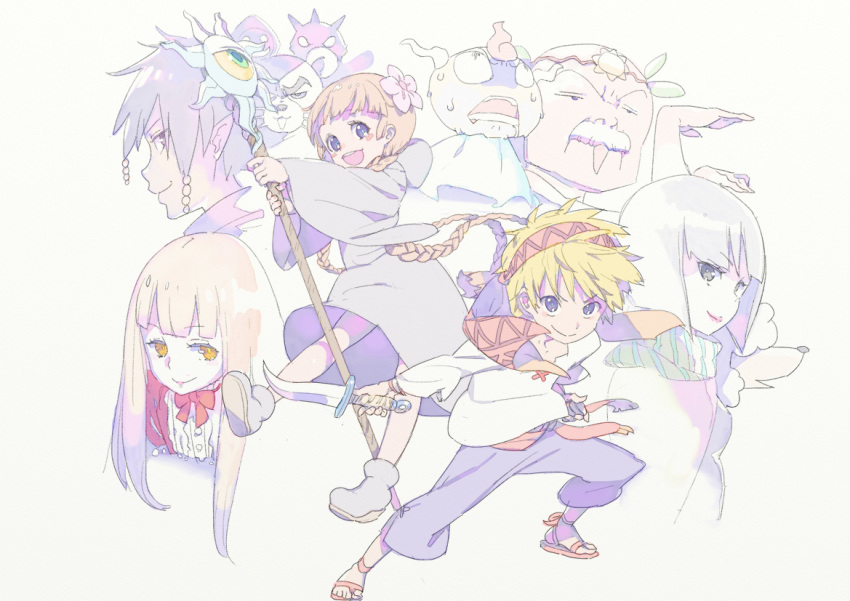 3boys 3girls bad_id bad_pixiv_id bandana black_hair blonde_hair blunt_bangs braid brown_hair circlet commentary_request dagger enkyo_yuuichirou facial_hair flower full_body gipple_(mahoujin_guruguru) grey_background hair_flower hair_ornament juju_coo_shnamur knife kukuri_(mahoujin_guruguru) long_hair long_sleeves looking_at_viewer mahoujin_guruguru moustache multiple_boys multiple_girls nike_(mahoujin_guruguru) photoshop_(medium) poodle projected_inset raid_(mahoujin_guruguru) robe runrun_vermeer sandals short_hair simple_background smile staff standing sweat tatejiwa_nezumi twin_braids udberg_eldol weapon