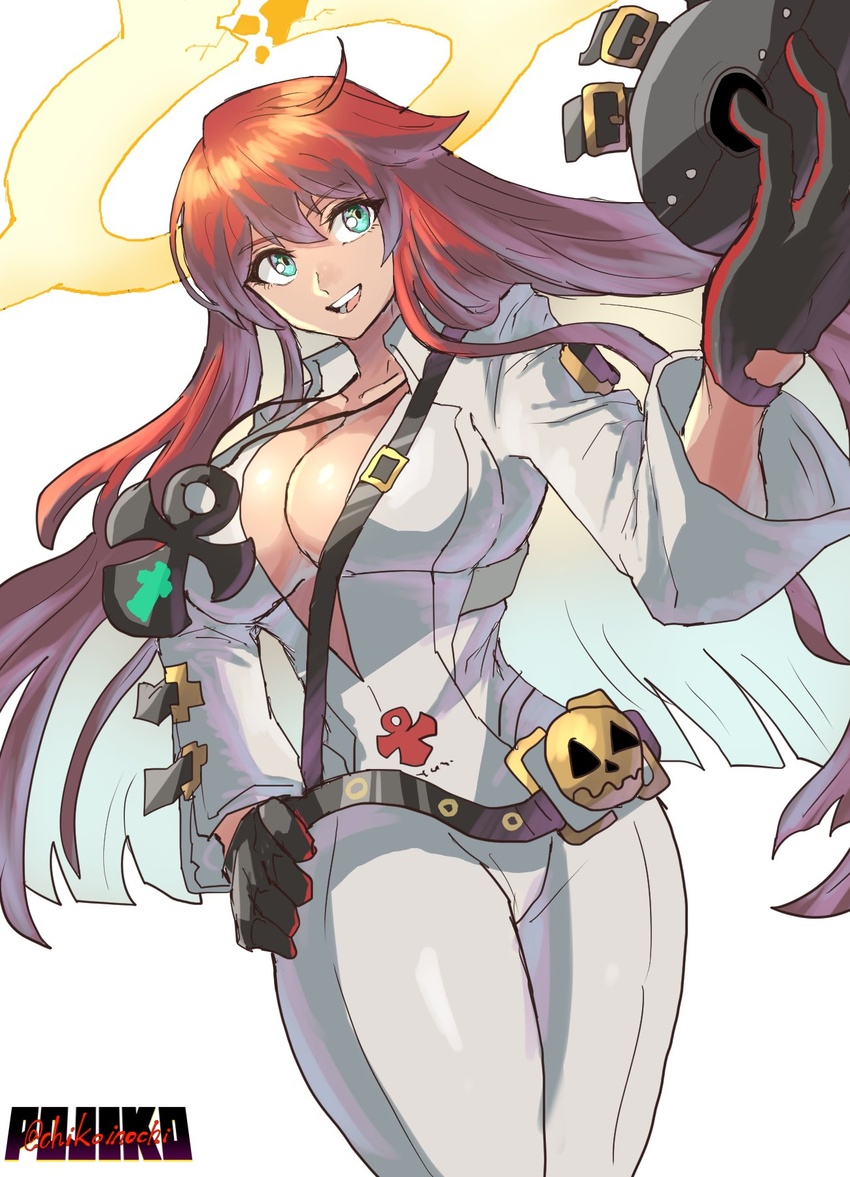 :d ankh belt bodysuit breasts chikoinochi commentary_request female gloves green_eyes guilty_gear guilty_gear_strive halo hand_on_own_hip highres holding holding_mask jack-o'_valentine jewelry large_breasts long_hair looking_at_viewer mask multicolored_hair pendant red_hair smile solo spiked_halo two-tone_hair white_background white_bodysuit white_hair