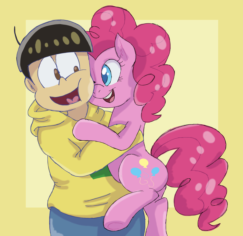 2016 duo earth_pony equid equine female feral friendship_is_magic hasbro hi_res horse hug human itoruna jyushimatsu_matsuno male mammal mr._osomatsu my_little_pony pinkie_pie_(mlp) pony simple_background