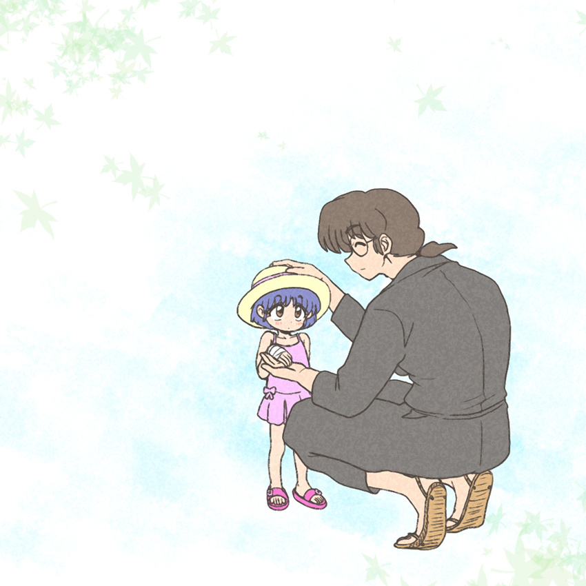 1boy aged_down bandages blue_hair blush brown_eyes brown_hair closed_eyes collarbone commentary_request dougi dress female glasses hand_grab hand_on_another's_head hat highres holding_hands injury looking_at_another looking_up low_ponytail ono_tofu photoshop_(medium) ranma_1/2 sandals short_hair short_ponytail smile squatting sun_hat sundress tendou_akane wanta_(futoshi)