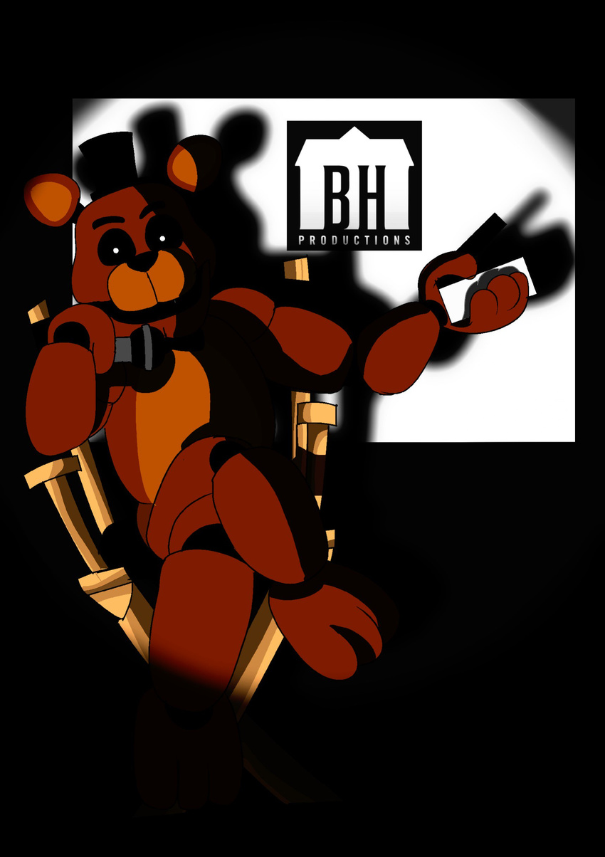 2017 absurd_res animatronic anthro bear biped black_background brown_body clothing creepy electronics english_text eyebrows five_nights_at_freddy's freddy_(fnaf) hat headgear headwear hi_res machine male mammal microphone robot scottgames shadow shu_20625 simple_background sitting solo text