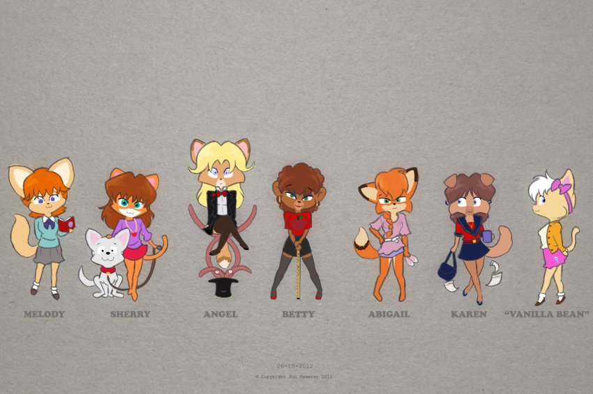 80's_theme abigail_(aikon) aikon angel_(aikon) betty_(aikon) bottomwear canid canine canis clothing domestic_cat domestic_dog english_text felid feline felis female fox karen_(aikon) legwear mammal melody_(aikon) sherry_(aikon) skirt stockings tentacle text