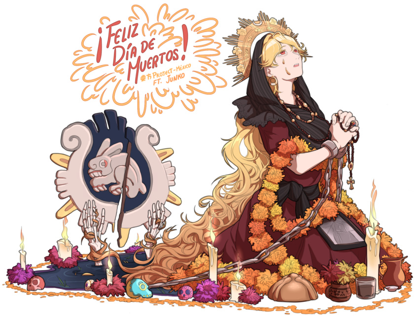 alternate_costume bread bunny calavera candle chains commentary_request crack crescent cross cuffs dia_de_los_muertos dress earrings eyebrows_visible_through_hair fire flower food hands_clasped headdress jewelry junko_(touhou) kneeling long_hair looking_up marigold mefomefo necklace open_mouth own_hands_together picture_frame pitcher praying puddle red_dress red_eyes ring rosary sash saucer shackles shawl shield simple_background skeletal_arm skeletal_hand skull solo spanish_commentary tears text_focus touhou very_long_hair white_background