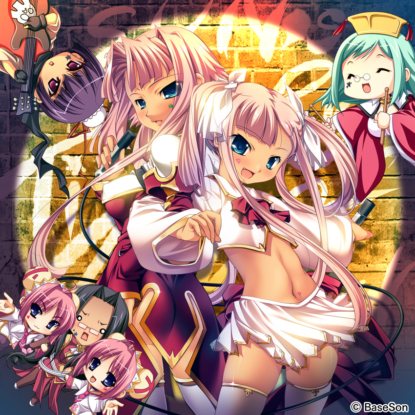 6+girls blue_eyes brick_wall closed_eyes cover daikyou glasses green_hair highres hikage_eiji kannei koihime_musou long_hair midriff multiple_girls navel official_art pink_hair purple_eyes purple_hair rikuson shoukyou shuuyu sonken sonshoukou thighhighs twintails