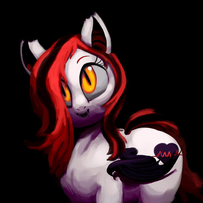 1:1 2016 :3 arrhythmia bat_pony black_hair cutie_mark dark_theme equid equine eyelashes fan_character fangs female feral fur hair hasbro hi_res horse mammal membrane_(anatomy) membranous_wings multicolored_hair my_little_pony open_mouth outta_sync pony pupils red_hair simple_background slit_pupils smile solo teeth thestral two_tone_hair white_body white_fur wings yellow_eyes