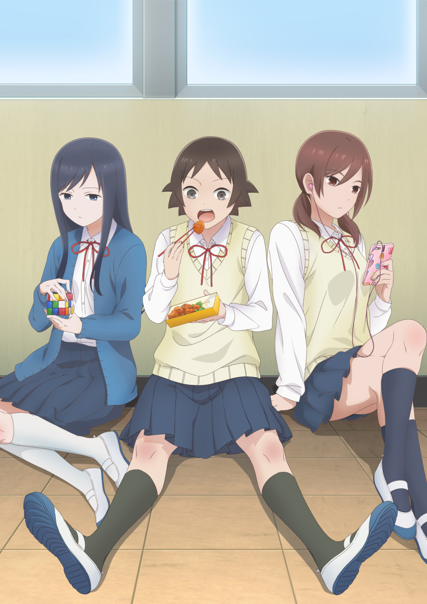 3girls absurdres bento black_hair black_socks brown_hair cardigan chicken_(food) chopsticks earphones eating food fried_chicken highres joshi_kousei_no_mudazukai key_visual kikuchi_akane kneehighs long_hair long_sleeves low_twintails miniskirt multiple_girls neck_ribbon official_art on_floor open_mouth pleated_skirt promotional_art ribbon rubik's_cube saginomiya_shiori school_uniform shirt shoes short_hair sitting skirt smartphone_case socks sweater_vest tanaka_nozomu twintails uwabaki white_shirt white_socks