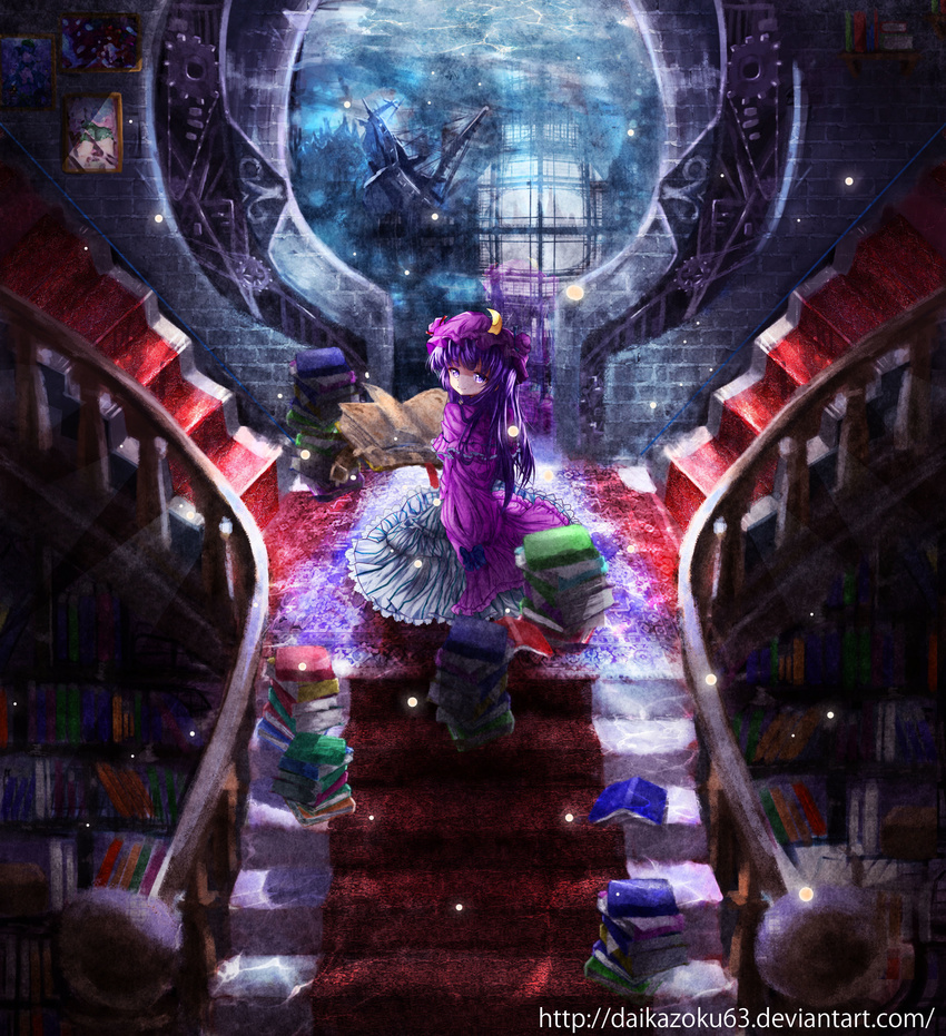 absurdres book book_stack bookshelf commentary_request crescent daikazoku63 dress female hat highres kneeling library light_rays long_hair looking_back patchouli_knowledge photoshop_(medium) purple_eyes purple_hair shipwreck smile solo stairs sunbeam sunlight touhou water window