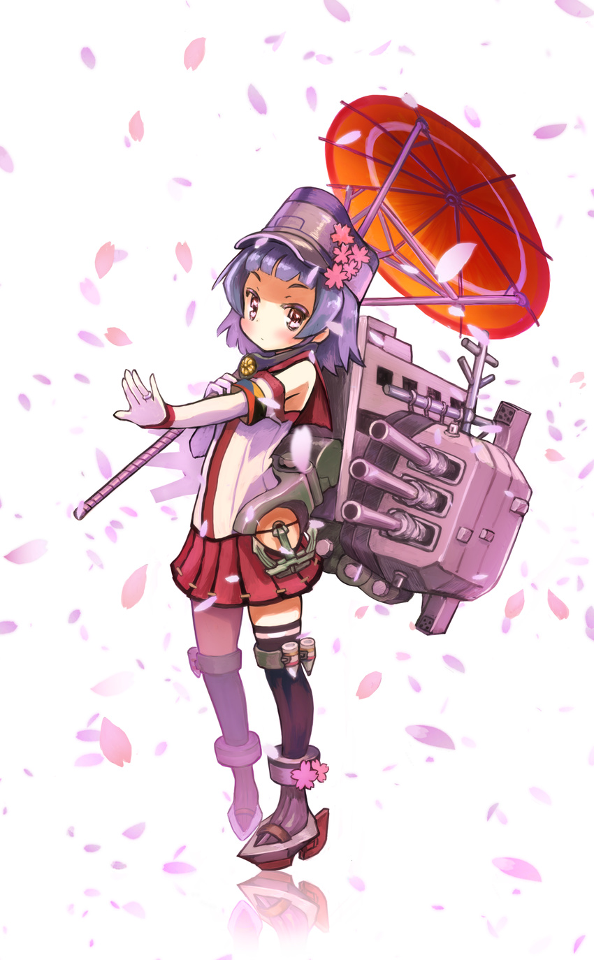 anchor arare_(kancolle) asymmetrical_legwear bare_shoulders black_hair black_thighhighs blush brown_eyes cherry_blossoms commentary_request cosplay female flower gloves hat highres jewelry kantai_collection karashi_(tou_gara_shi) looking_at_viewer oil-paper_umbrella petals pleated_skirt red_skirt red_umbrella reflection ring short_hair skirt solo thighhighs umbrella uneven_legwear yamato_(kancolle) yamato_(kancolle)_(cosplay)