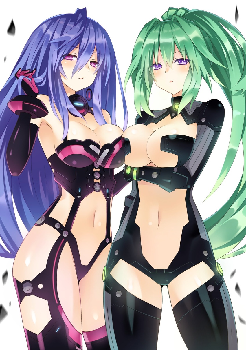 2girls asymmetrical_docking bare_shoulders blue_hair breast_press breasts cleavage cleavage_cutout clothing_cutout commentary_request earrings elbow_gloves gloves green_hair green_heart_(neptunia) hair_between_eyes hair_ornament high_ponytail highres iris_heart jewelry kami_jigen_game_neptune_v large_breasts leotard long_hair looking_at_viewer multiple_girls navel neptune_(series) pink_eyes power_symbol power_symbol-shaped_pupils purple_eyes symbol-shaped_pupils thighhighs very_long_hair zero_(ray_0805)