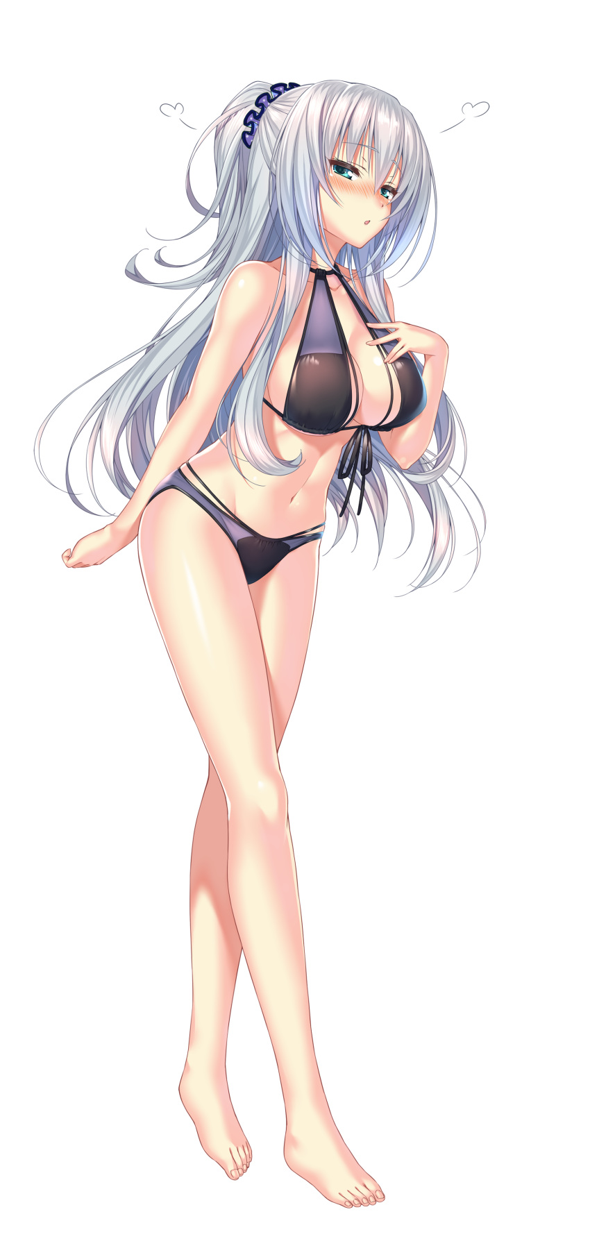 absurdres amakano_~second_season~ aqua_eyes barefoot bikini blush breasts female full_body halterneck highres large_breasts long_hair looking_at_viewer navel nose_blush official_art piromizu solo suzurikawa_euphrasie_ruika swimsuit transparent_background white_hair