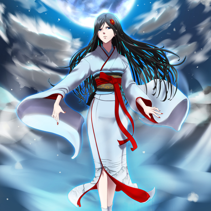 ayakashi_hyakkiyakou black_hair blue_eyes cloud commentary female flower hair_flower hair_ornament highres japanese_clothes kimono long_hair looking_at_viewer nail_polish noica original snow socks solo standing yuki_onna