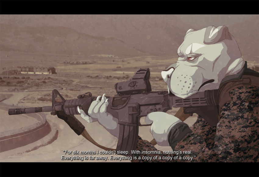 anthro ar-15 camo canid canine clothed clothing english_text gun jeanwoof male mammal outside ranged_weapon rifle scar solo stoner_rifle text weapon