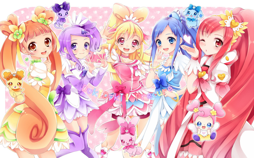 5girls ai-chan_(dokidoki!_precure) aida_mana blonde_hair blue_bow blue_eyes blue_hair bow brooch brown_eyes brown_hair choker commentary_request crystal_earrings cure_ace cure_diamond cure_heart cure_rosetta cure_sword davi_(dokidoki!_precure) dokidoki!_precure earrings green_choker hair_bun hair_ornament heart heart_brooch heart_hair_bun high_ponytail hishikawa_rikka jewelry kenzaki_makoto long_hair looking_at_viewer madoka_aguri magical_girl multiple_girls one_eye_closed pink_arm_warmers pink_bow pink_eyes pink_sleeves ponytail precure purple_arm_warmers purple_choker purple_eyes purple_hair purple_skirt rakeru_(dokidoki!_precure) rance_(dokidoki!_precure) red_eyes red_hair ribbon sharuru_(dokidoki!_precure) skirt spade_(shape) spade_hair_ornament thighhighs twintails uzuki_aki yotsuba_alice