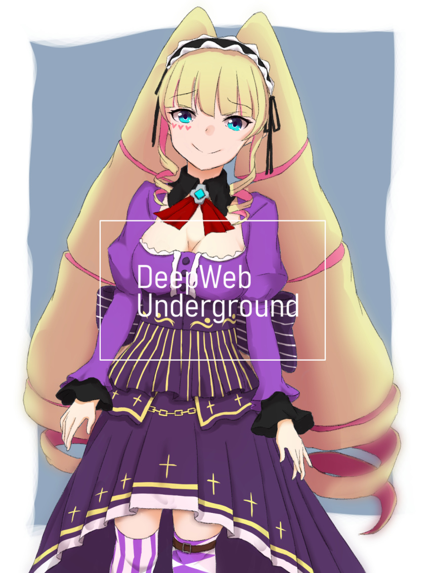 bangs blonde_hair blue_eyes blunt_bangs deep_web_underground deep_web_underground_(character) facial_mark female frilled_headband frills lolita_fashion mismatched_legwear smile solo thighhighs virtual_youtuber