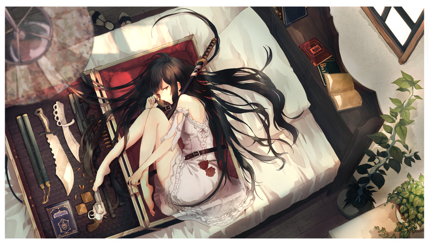 bad_id bad_pixiv_id bare_shoulders barefoot belt black_hair book box bullet commentary_request dress female fetal_position flower gun handgun highres in_box in_container katana kei_(k_tmr) long_hair lying nunchaku on_side original plantar_flexion revolver rifle rose sheath shoes sniper_rifle solo sword unworn_shoes weapon white_dress yellow_eyes