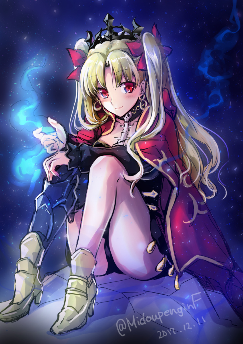 arm_rest armored_boots arms_on_knees asymmetrical_legwear black_leotard black_sleeves black_thighhighs blonde_hair blue_fire blush boots bow cloak closed_mouth collarbone commentary_request dated detached_collar earrings ereshkigal_(fate) fate/grand_order fate_(series) female fire full_body gold gold_trim hairbow high_heel_boots high_heels highres hood hood_down hooded_cloak infinity_symbol jewelry knees_up leotard long_hair long_sleeves looking_at_viewer mintes red_bow red_cloak red_eyes single_thighhigh sitting skull_ornament smile solo spine thighhighs tiara twintails twitter_username very_long_hair