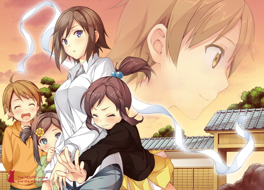 2boys 3girls :d ^_^ aged_down ahoge arms_behind_back black_sweater blue_eyes brown_eyes brown_hair closed_eyes floating_hair flower green_eyes grey_pants hair_bobbles hair_flower hair_ornament hentai_ouji_to_warawanai_neko. high_ponytail highres kantoku long_hair looking_at_viewer miniskirt mother_and_daughter multiple_boys multiple_girls one_side_up open_mouth orange_sweater outdoors pants parted_lips pleated_skirt shirt short_hair siblings sidelocks sisters skirt smile standing sunflower sunset sweater tsutsukakushi_tsukasa tsutsukakushi_tsukiko tsutsukakushi_tsukushi wavy_mouth white_shirt yellow_skirt yokodera_youto