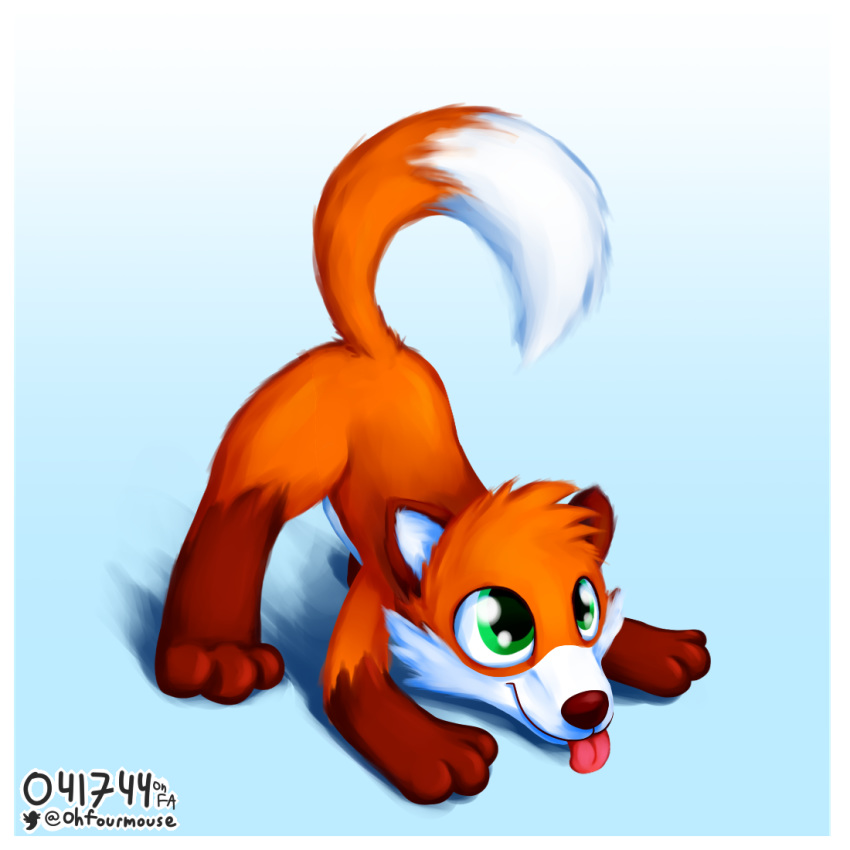 1:1 3_toes ambiguous_gender ass_up big_eyes big_head blue_background border canid canine cheek_tuft digitigrade dipstick_tail facial_tuft feet feral fox fur gradient_background green_eyes looking_up mammal markings multicolored_tail ohfourmouse orange_body orange_fur paws play_bow_pose playful raised_tail shadow side_view simple_background snout solo tail tail_markings three-quarter_view toes tongue tongue_out tuft white_body white_border white_fur