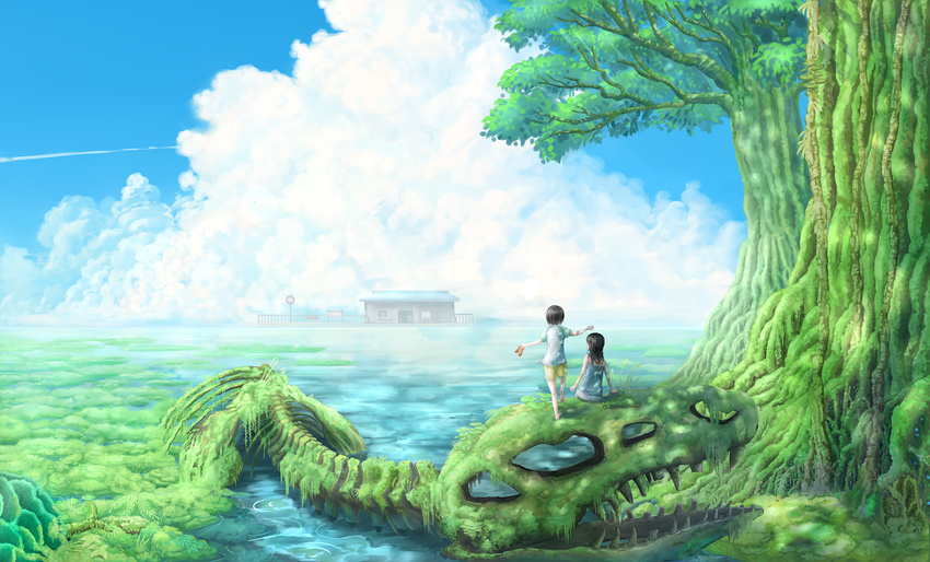 2girls clouds landscape melonsoda original scenic sky tree water