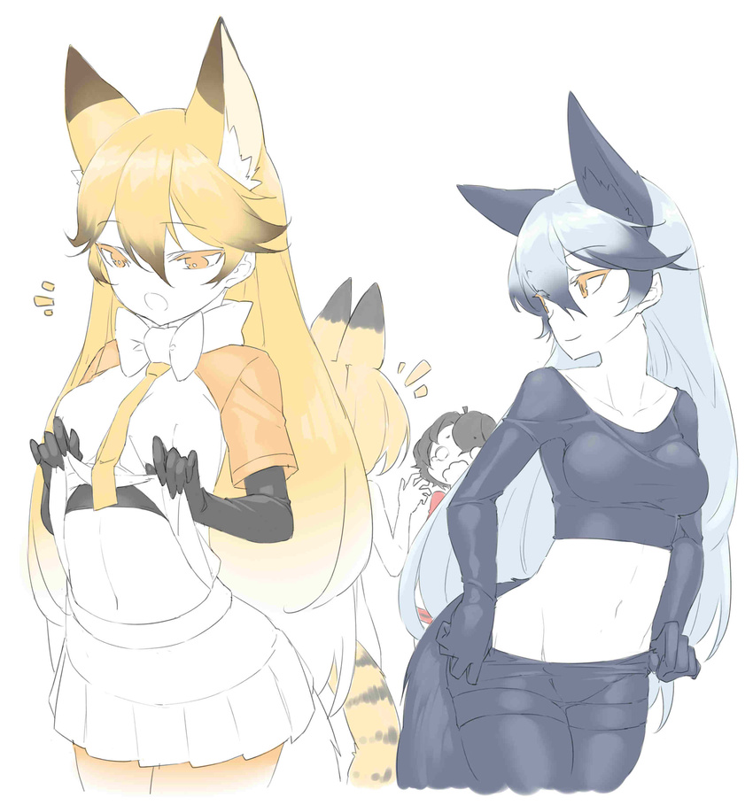 0_0 4girls :o absurdres animal_ears bad_id bad_pixiv_id blonde_hair bow bowtie breasts clothes_lift crop_top extra_ears ezo_red_fox_(kemono_friends) fox_ears fox_girl fox_tail gradient_hair grey_hair highres kaban_(kemono_friends) kemono_friends long_hair long_sleeves medium_breasts midriff multicolored_hair multiple_girls navel neko7 open_mouth panties panty_pull pantyhose photoshop_(medium) pleated_skirt serval_(kemono_friends) serval_print shirt_lift silver_fox_(kemono_friends) simple_background skirt small_breasts smile tail two-tone_hair underwear undressing wavy_mouth white_background