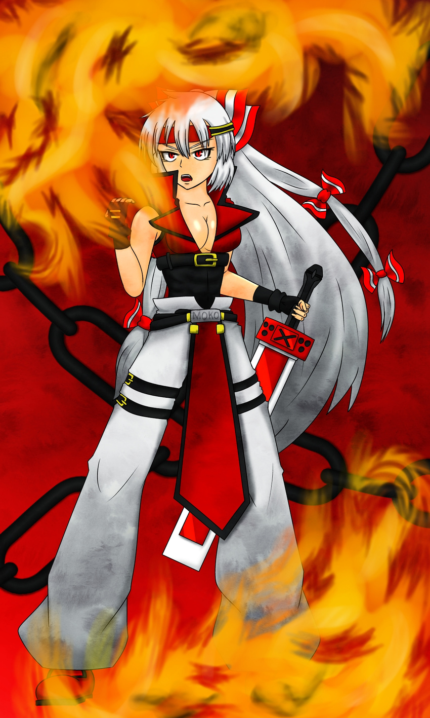 arakure_(nicoseiga_25839858) commentary_request cosplay female fire fujiwara_no_mokou guilty_gear highres power_connection sol_badguy sol_badguy_(cosplay) touhou