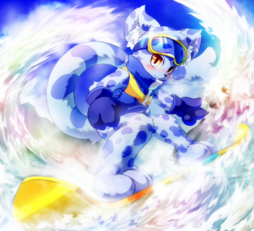 anthro bemani black_nose blue_body blue_fur blush bottomless clothed clothing cloud coat day eyewear felid fur goggles gradient_eyes hi_res inner_ear_fluff kemono konami looking_at_viewer male mammal ollie_(pop'n_music) outside pantherine pop'n_music sky snow snow_leopard snowboard snowboarding solo topwear tuft u_q_ya