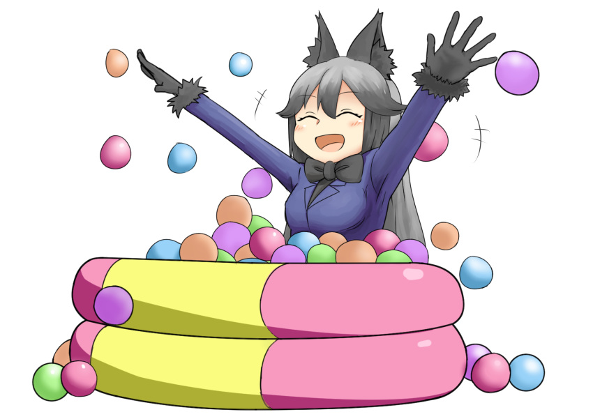 animal_ears arms_up bad_id bad_pixiv_id ball ball_pit black_bow black_hair blush bow bowtie closed_eyes commentary_request female fox_ears fur_trim gloves gradient_hair grey_hair happy highres jacket kemono_friends kemono_friends_pavilion long_hair multicolored_hair nitouryuu_sankakkei open_mouth playground_equipment_(kemono_friends_pavilion) silver_fox_(kemono_friends) smile solo