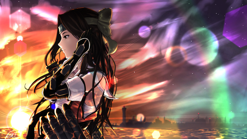 adjusting_hair brown_eyes brown_hair cloud cloudy_sky commentary elbow_gloves female from_side gloves headband highres jintsuu_(kancolle) jintsuu_kai_ni_(kancolle) kantai_collection lens_flare long_hair noica ocean sarashi shirt sky sleeveless sleeveless_shirt solo sunset