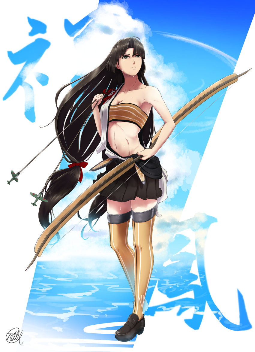 aircraft airplane arrow_(projectile) artist_name bandeau black_eyes black_hair bow_(weapon) bra breasts brown_bra brown_thighhighs character_name cleavage cloud cloudy_sky commentary female hadanugi_dousa highres hime_cut holding japanese_clothes kantai_collection kimono loafers long_hair medium_breasts miniskirt navel noica open_clothes open_kimono open_shirt pleated_skirt print_thighhighs shirt shoes shouhou_(kancolle) signature skirt sky solo standing strapless striped_bra striped_clothes thighhighs translated underwear weapon wet zettai_ryouiki