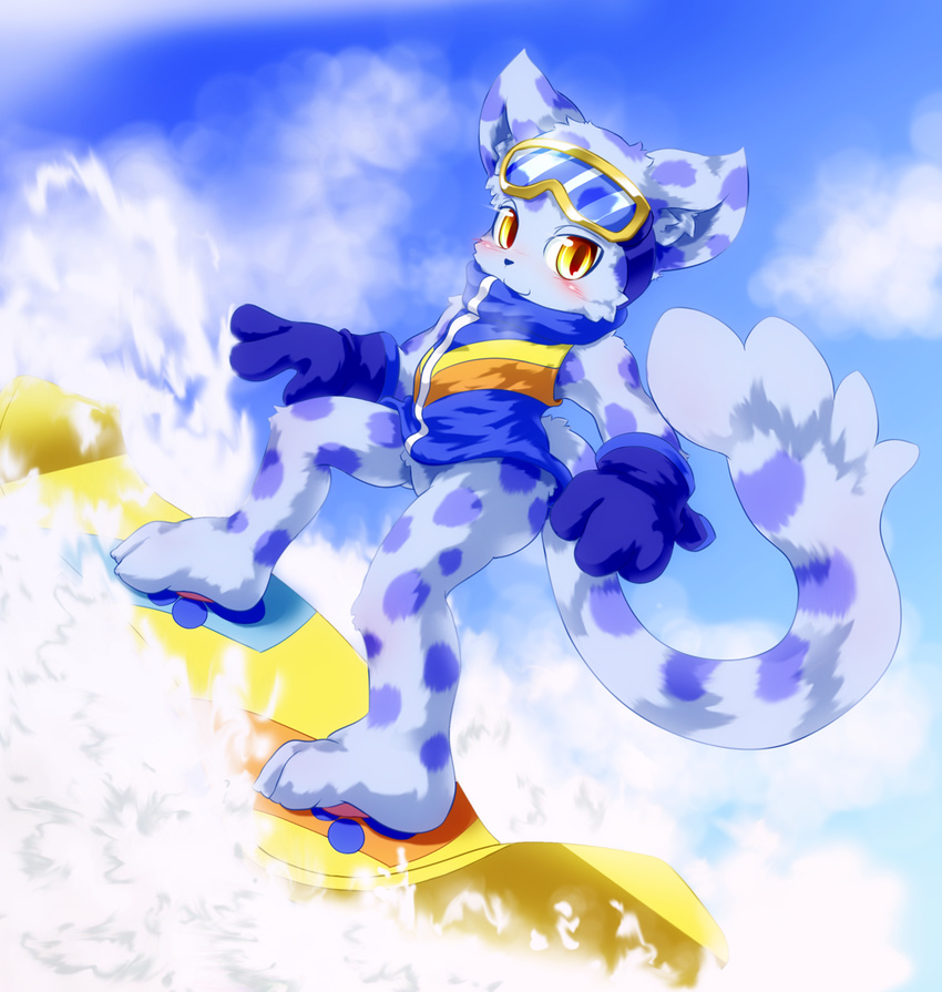 anthro bemani black_nose blue_body blue_fur blush bottomless clothed clothing cloud coat day eyewear felid fur goggles gradient_eyes hi_res inner_ear_fluff kemono konami looking_at_viewer male mammal ollie_(pop'n_music) outside pantherine pawpads pop'n_music sky snow snow_leopard snowboard snowboarding solo topwear tuft u_q_ya