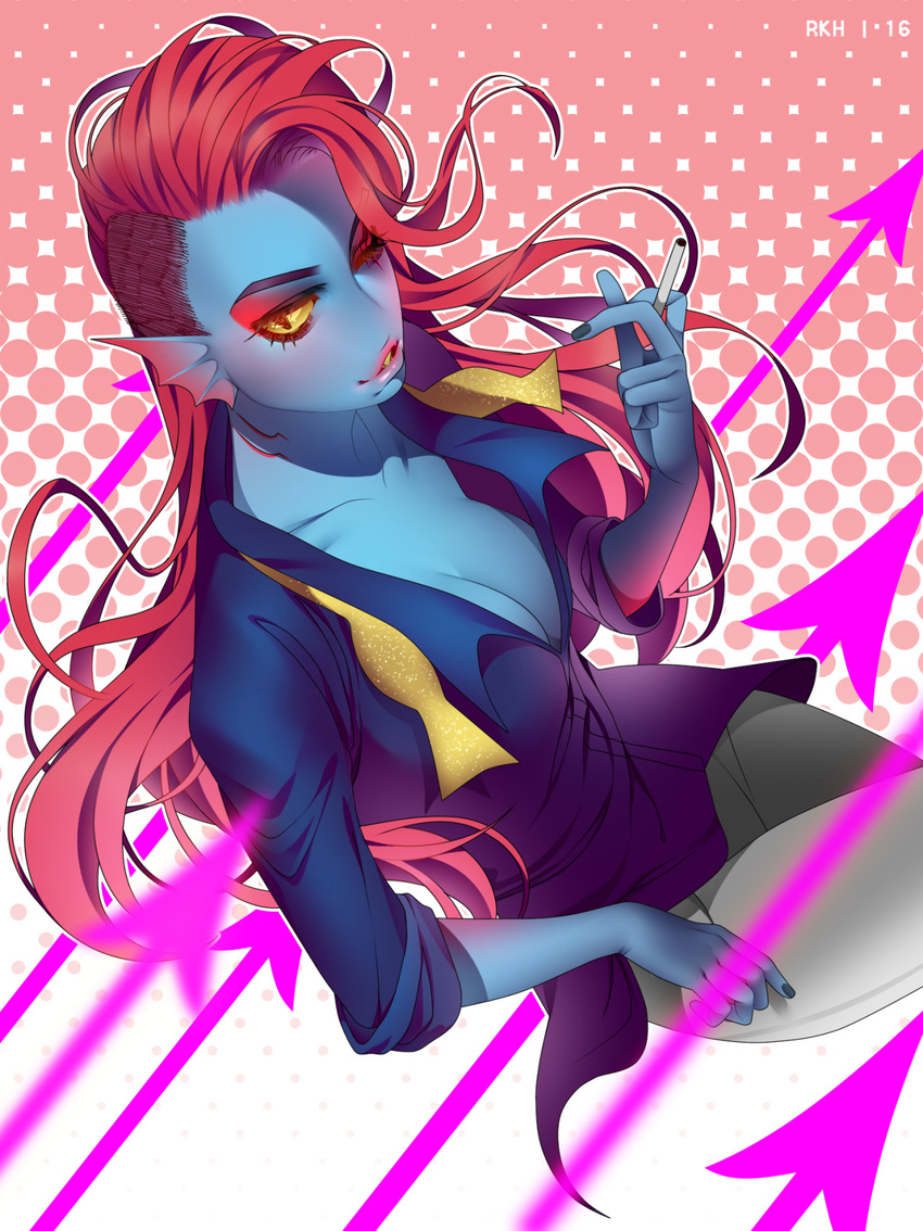 2016 abstract_background anthro better_version_at_source blue_body blue_skin bow_tie breasts cigarette cleavage clothed clothing female fish gills hair hi_res long_hair marine red_hair reka shirt solo topwear undertale undertale_(series) undyne yellow_eyes