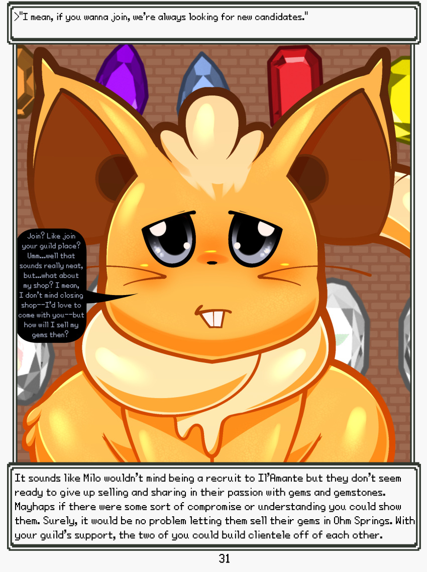 absurd_res anthro blue_gem buckteeth cheesy dialogue english_text fakemon first_person_view fondew_(rodent_powered) furniture gem hi_res looking_at_viewer male milo_(rodent_powered) narration nintendo orange_gem page_number pokemon pokemon_mystery_dungeon purple_gem red_gem rodent_powered_(softestpuffss) sad softestpuffss solo speech_bubble spike_chunsoft teeth text white_gem wood wood_furniture yellow_gem